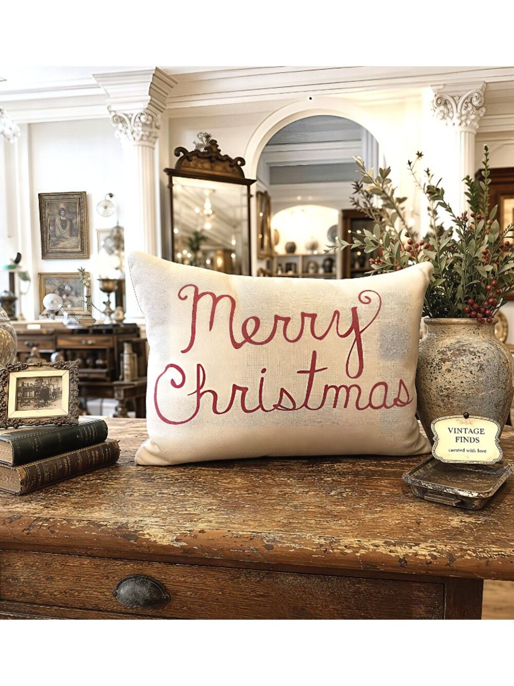 Merry Christmas Decorative Lumbar Pillow Red & Cream 19" x 12"